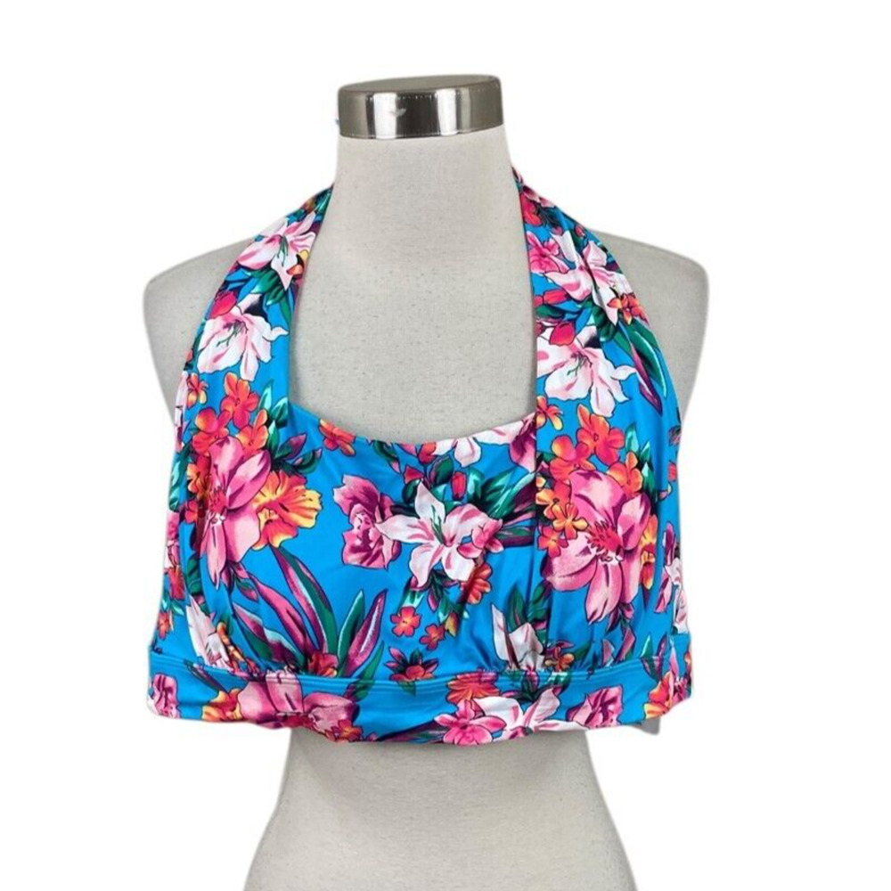 LANDS’ END NEW L 14-16 Chlorine Resistant Square Neck Halter Top Tropical Floral